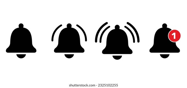 Colección de iconos de timbre de notificación y mensaje de bandeja de entrada entrante.