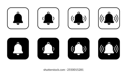 Notification bell icon set collection on black square. Notice, reminder, alarm sign symbol