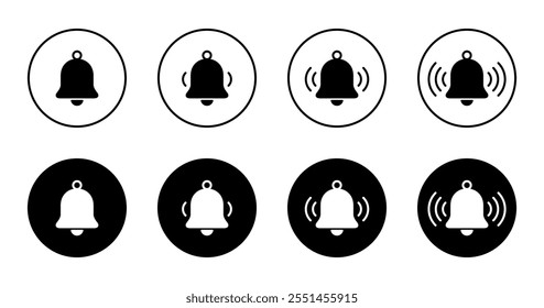 Notification bell icon set collection on black circle. Notice, reminder, alarm sign symbol