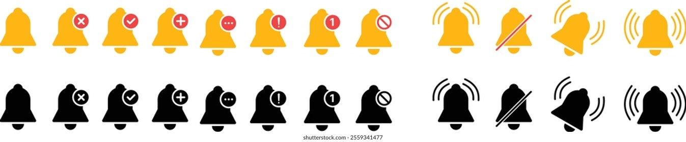 Notification bell icon set: Collection of bell symbols in various styles, including alert, muted, and active notifications. Vector illustration.