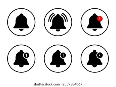Notification bell icon set collection on circle line. Alert, alarm reminder sign symbol