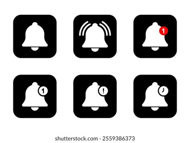 Notification bell icon set collection on black square. Alarm reminder sign symbol