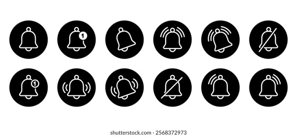 Notification bell icon set collection on black circle. Alert, reminder sign symbol