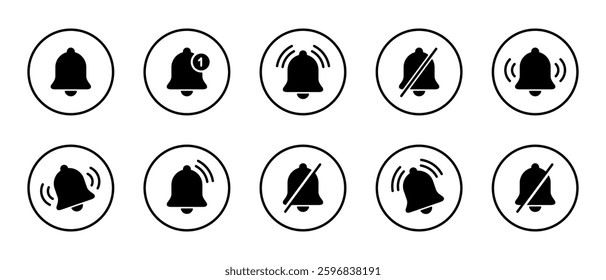 Notification bell icon set collection on circle line. Alarm, reminder sign symbol