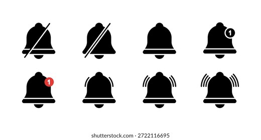 Colección de conjunto de iconos de campana de notificación. Silencio, silencio, nuevo recordatorio, timbre y símbolo de modo de vibración