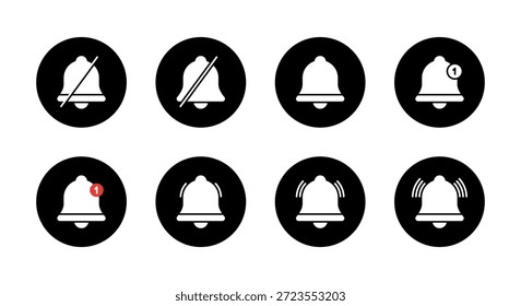 Sammlung von Benachrichtigungsglockensymbolen in schwarzem Kreis. Silent, stumm, neue Erinnerung, Klingeln und Vibrationsmodus-Symbol
