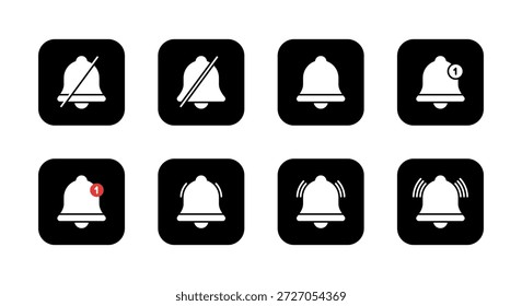 Notification bell icon set collection in black square. Silent, mute, new reminder, ringing, and vibration mode symbol