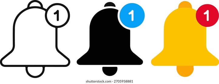 notification bell icon set, counter alert symbol, different style vector