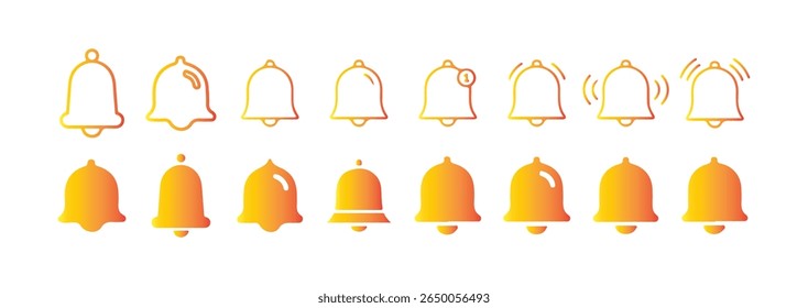 Notification bell icon set. Cute realistic render of yellow ringing bell, Message notification bell icon. Victor illustration eps10