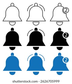 Conjunto de ícones de sino de notificação, Conjunto de ícones de sino de notificação em estilo diferente.