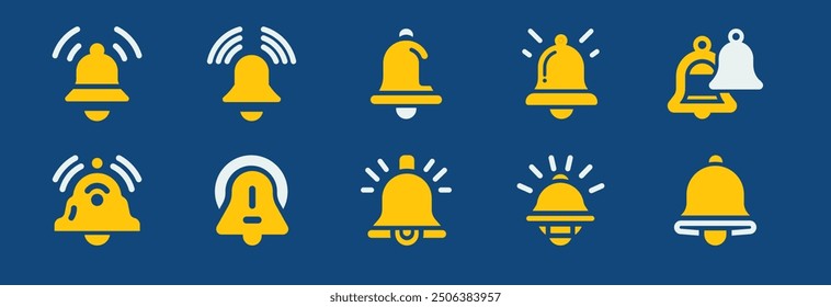 Notification Bell Icon Set featuring various alert styles and states. Ideal for user interfaces, mobile apps, and websites. Editable vector graphics for customization.