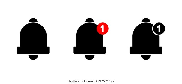 Notification bell icon set in flat style. New notice sign symbol