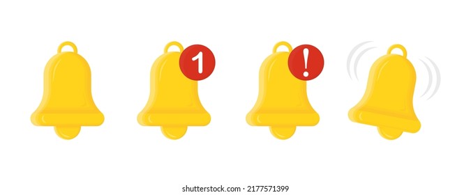 Notification bell icon set. The golden alert bell is shaking to alert the upcoming schedule. Vector illustration