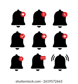 Notification Bell Icon Set — Golden bell symbols for alarms, reminders, incoming messages, and subscription alerts. Ringing bells indicate new notifications, schedule reminders, chat alerts and alarms