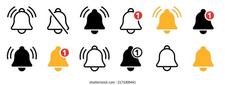 Notification bell icon set. Incoming inbox message. New message notofication icons collection. Ringing bell and notification for clock and smartphone, alarm alert. Vector Illustration
