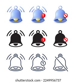 Conjunto de iconos de timbre de notificación. Mensaje de entrada, timbre de llamada e iconos nuevos de recordatorio de mensajes. Aviso de alerta de evento, buzón de notificación web y recordatorio de anuncio. Ilustración del vector