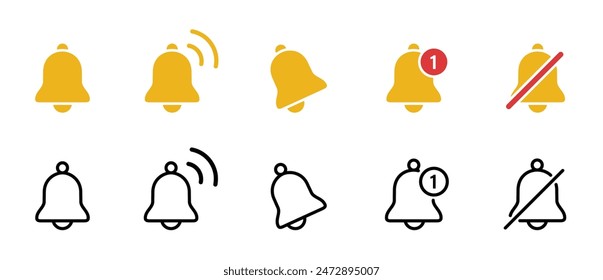 Conjunto de iconos de timbre de notificación. Mensaje de entrada entrante. Timbre, recordatorio o señal de Suscriptor para App, smartphone, alarma. Ilustración vectorial