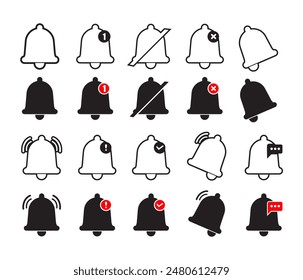 Conjunto de iconos de timbre de notificación. Mensaje de entrada entrante. Icono de timbre de notificación para el mensaje de entrada entrante. Vector de timbre, icono de la campana de notificación. Llamada, reloj despertador, alerta de aplicación de teléfono inteligente.