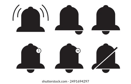Notification bell icon set. Incoming inbox message. New message notofication icons collection. Ringing bell and notification for clock and smartphone, alarm alert. Vector Illustration