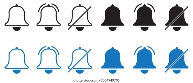 Benachrichtigungsglocken-Symbol für eingehende Posteingangsnachricht festgelegt. Klingel und Hinweisschild für Wecker. Vektorgrafik