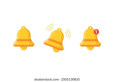 Notification bell icon set. Incoming inbox message. New message notofication icons collection. Ringing bell and notification for clock and smartphone, alarm alert. Vector Illustration