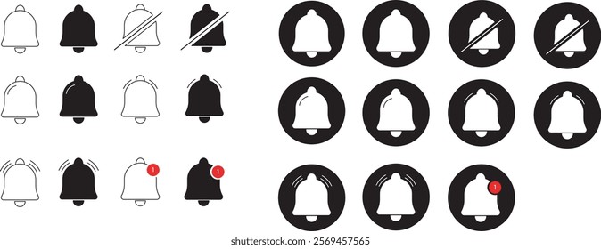 Notification bell icon set. Incoming inbox message. Alarm symbol. Incoming message symbol. Bell for subscribe. Alarm and push chat alert. New notification, reminder.