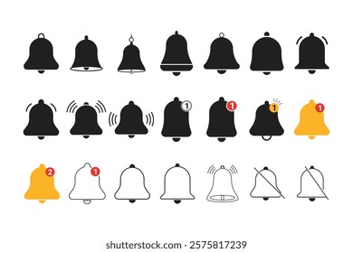 Notification bell icon set. Incoming inbox message. subscribe bell icon, Alarm and Ringing bell symbol vector.