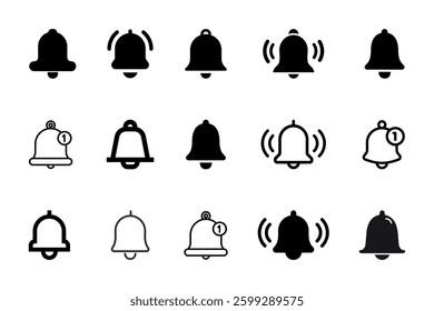 Notification bell icon set. Incoming inbox message. New message notification icons collection. Ringing bell and notification for clock and smartphone, alarm alert