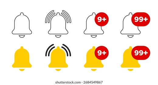 Conjunto de iconos de campana de notificación. Iconos de mensaje de la bandeja de entrada entrante