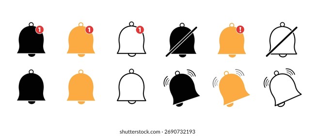 Notification bell icon set. Incoming inbox message. Ringing bell, reminder or subscriber sign for apps, smartphone, alarm alert. Vector Illustration