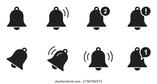 Notification bell icon set. Incoming inbox message. Ringing bells. Notification bells showing different status, along with a ringing bell and notification number sign for alerts and alarms. Victor illustration.