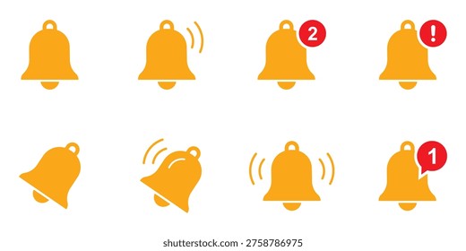 Notification bell icon set. Incoming inbox message. Ringing bells. Notification bells showing different status, along with a ringing bell and notification number sign for alerts and alarms. Victor illustration.