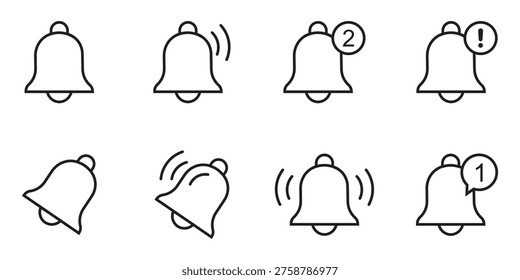 Notification bell icon set. Incoming inbox message. Ringing bells. Notification bells showing different status, along with a ringing bell and notification number sign for alerts and alarms. Victor illustration.