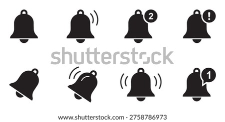Notification bell icon set. Incoming inbox message. Ringing bells. Notification bells showing different status, along with a ringing bell and notification number sign for alerts and alarms. Victor illustration.