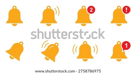 Notification bell icon set. Incoming inbox message. Ringing bells. Notification bells showing different status, along with a ringing bell and notification number sign for alerts and alarms. Victor illustration.