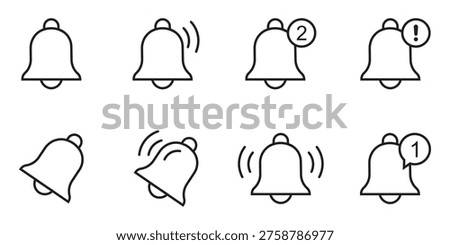 Notification bell icon set. Incoming inbox message. Ringing bells. Notification bells showing different status, along with a ringing bell and notification number sign for alerts and alarms. Victor illustration.