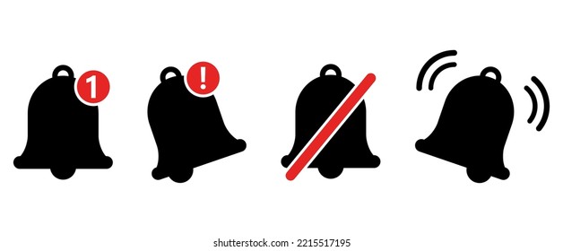 Notification bell icon set isolated on white. Black ringing bell with new notification for social media reminder. Sign for alarm clock and smartphone application alert or new message. Vector