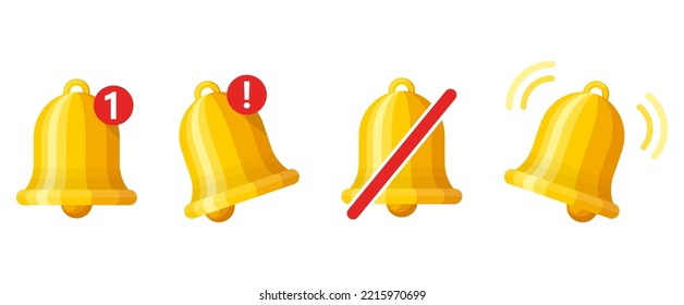 Notification bell icon set isolated on white background. Gold ringing bell with new notification for social media reminder. Sign for alarm clock and smartphone application alert or new message. Vector