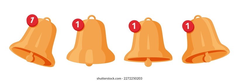 Notification bell icon set isolated on white background. Yellow ringing bell with new notification for social media reminder vector icon