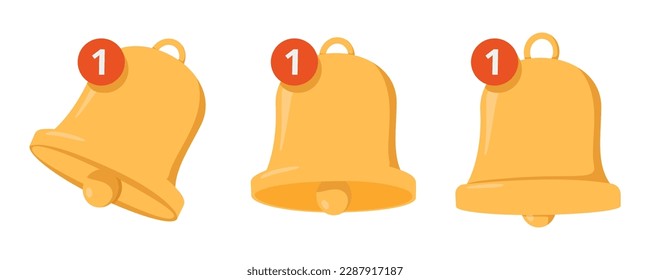 Notification bell icon set isolated on white background. Flat cartoon yellow ringing bell with new notification for social media reminder. Modern vector icon