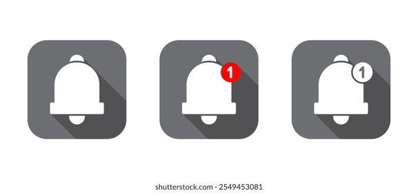 Benachrichtigungsglocken-Symbol mit langem Schatten. Neues Hinweisschild-Symbol auf quadratischem Hintergrund