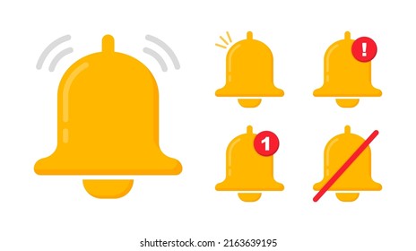 Conjunto de iconos de timbre de notificación. Icono de timbre del mensaje. Nueva notificación, recordatorio. Bell para suscripción, alarma y alerta de chat de inserción. Elemento de diseño para medios sociales, aplicación móvil, interfaz de usuario y diseño web.