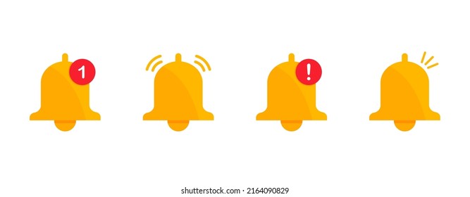 Notification bell icon set. Message bell icon. New notification, reminder. Bell for subscribe, alarm and push chat alert. Design element for social media, mobile app, UI and web design.