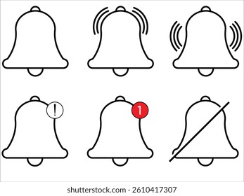 Notification bell icon set. Message notification bell icon set in stroke. Notification bell symbols in white background. Bell, icons, Notification, symbol, vector.