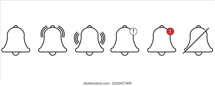 Notification bell icon set. Message notification bell icon set in stroke. Notification bell symbols in white background. Bell, icons, Notification, symbol, vector.
