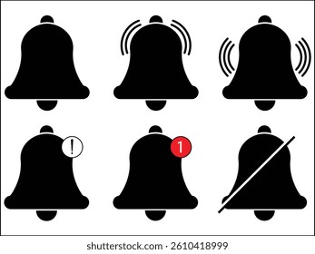 Notification bell icon set. Message notification bell icon set in black. Notification bell symbols in white background. Bell, icons, Notification, symbol, vector.