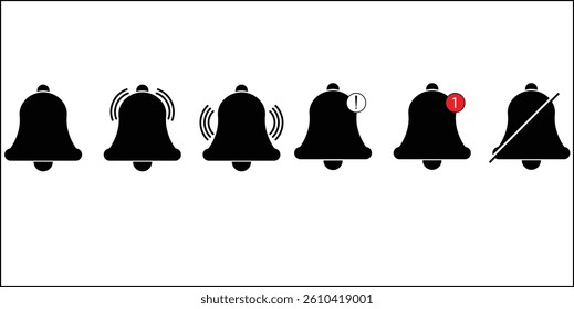 Notification bell icon set. Message notification bell icon set in black. Notification bell symbols in white background. Bell, icons, Notification, symbol, vector.