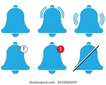 Notification bell icon set. Message notification bell icon set in blue. Notification bell symbols in white background. Bell, icons, Notification, symbol, vector.