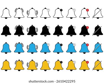 Notification bell icon set. Message notification bell icon set. Notification bell symbols in white background. Bell, icons, Notification, symbol, vector.
