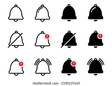 Notification Bell Icon Set. New Message Alert Icon. Inbox Message Sign. Alarm Bell In Outline And Flat Style. Vector Illustration.